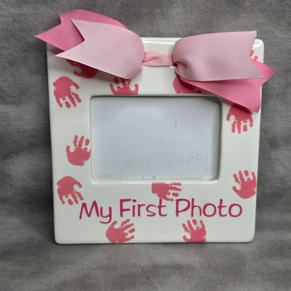 My First Photo Picture Frame Girl Pink Bow Handprints Opening 3